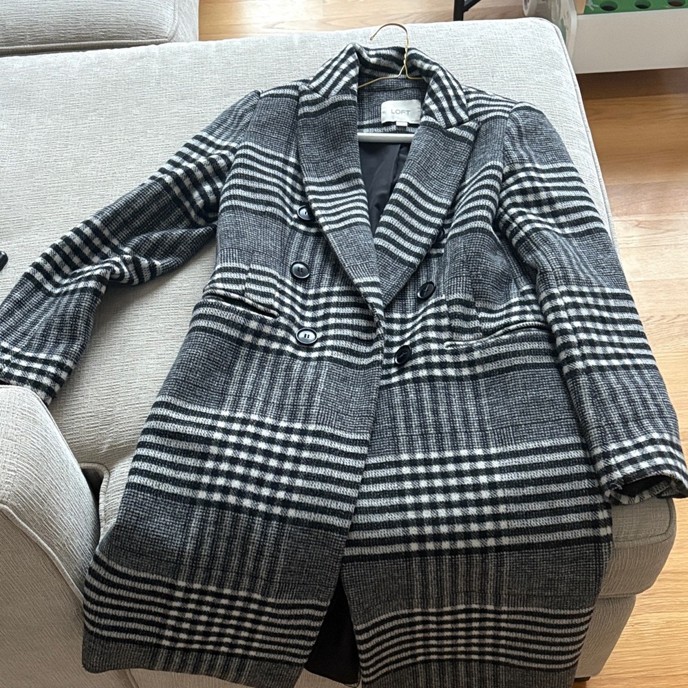 LOFT Black and White Plaid Pea Coat